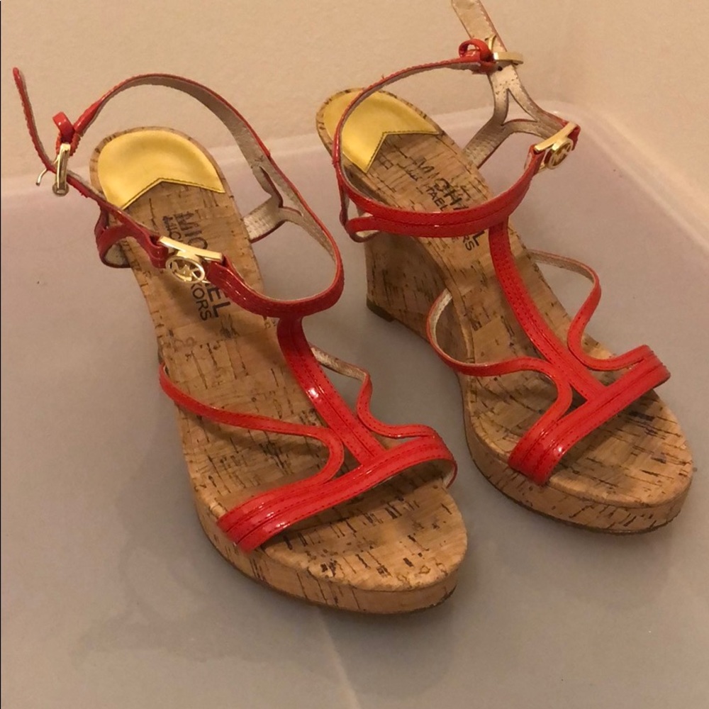Michael Kors orange and gold wedges